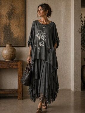 Beyond Capri Boho Italian Linen Lagenlook Top OS Gray Floral Oversized Tunic
